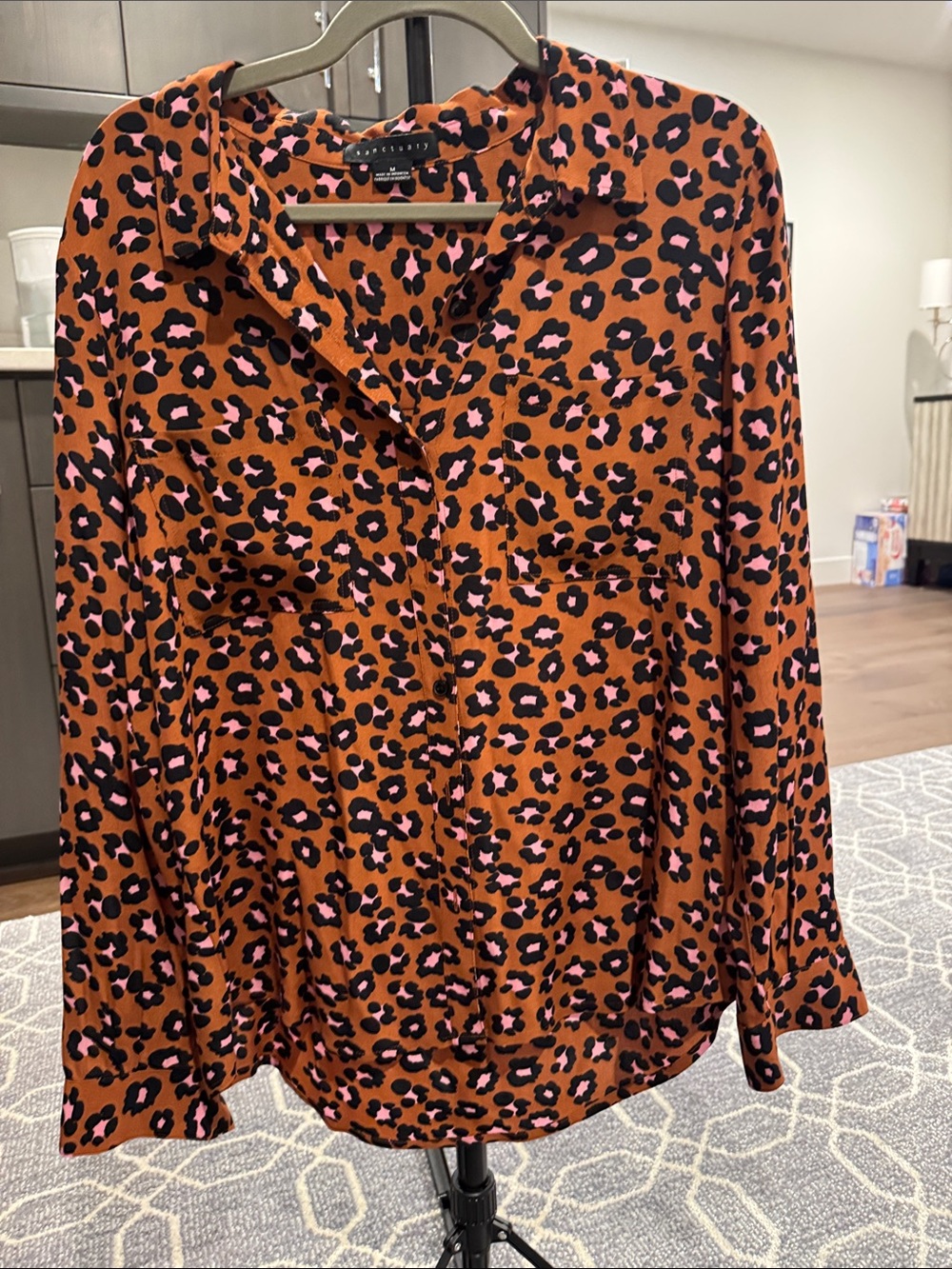 Sanctuary Rust Leopard-Print Button-Down Shirt with Pink Spots